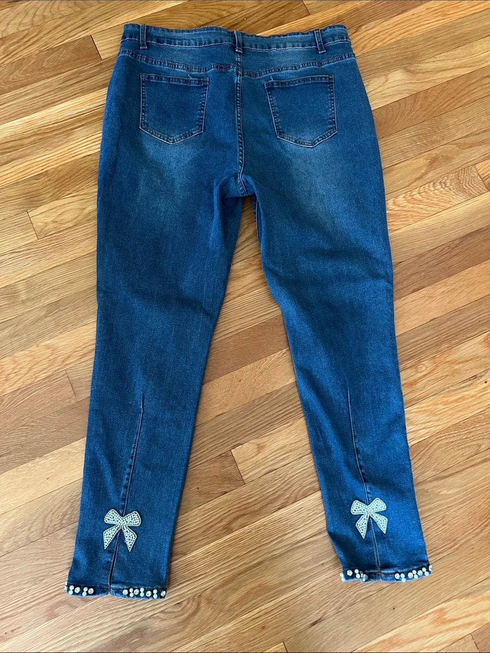 Women's Dark Blue Ankle Jeans with Embellished Hem